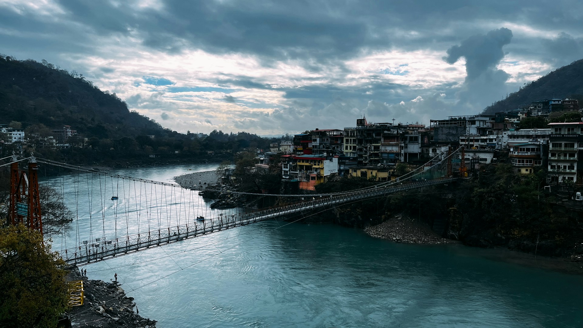 Ram Jhula in Rishikesh, Famous suspension bridge over the Ganges, connecting ashrams and temples with a backdrop of spiritual serenity